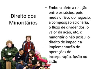 • Embora afete a relação
                 entre os sócios, pois
Direito dos      muda o risco do negócio,
Minoritários     a composição acionária,
                 o fluxo de dividendos, o
                 valor da ação, etc. o
                 minoritário não possui o
                 direito de impedir a
                 implementação de
                 operações de
                 incorporação, fusão ou
                 cisão
 
