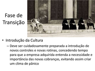 Fase de
Transição


• Introdução da Cultura
  – Deve ser cuidadosamente preparada a introdução de
    novos controles e novas rotinas, concedendo tempo
    para que a empresa adquirida entenda a necessidade e
    importância das novas cobranças, evitando assim criar
    um clima de pânico
 