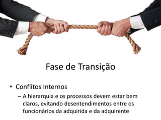 Fase de Transição
• Conflitos Internos
  – A hierarquia e os processos devem estar bem
    claros, evitando desentendimentos entre os
    funcionários da adquirida e da adquirente
 
