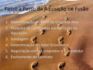 Passo a Passo da Aquisição ou Fusão

1. Determinação do Perfil da Empresa-Alvo
2. Pesquisa de Candidatas para a Fusão ou
   Aquisição
3. Sondagem
4. Determinação do Valor Econômico
5. Negociação entre Comprador e o Vendedor
6. Fechamento do Contrato
 