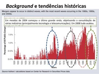 Felipe Pontes
www.contabilidademq.blogspot.com
Background e tendências históricas
22
A onda dos conglomerados: eram adquiridas empresas de diversos setores, esperando
que a experiência gerencial pudesse ser aproveitada entre os setores.
A moda do conglomerado passou, dando início à nova onda: “bust-up takeovers”
(desfazendo os conglomerados e vendendo as empresas individuais mais caras do que o
preço de compra).
Na década de 1990 começaram os takeovers estratégicos (empresas da mesma área).
Em meados de 2004 começou a última grande onda, objetivando a consolidação de
várias indústrias (principalmente tecnologia e telecomunicações). Em 2008 tudo acabou.
 