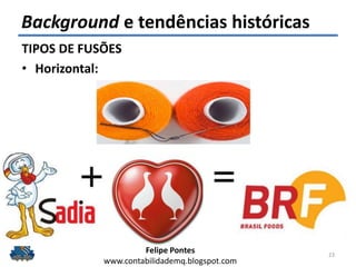 Felipe Pontes
www.contabilidademq.blogspot.com
TIPOS DE FUSÕES
• Horizontal:
Background e tendências históricas
23
 