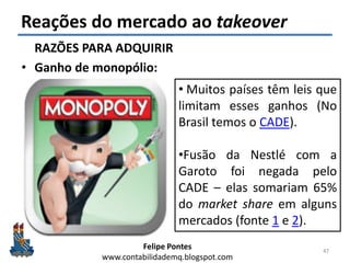 Felipe Pontes
www.contabilidademq.blogspot.com
Reações do mercado ao takeover
RAZÕES PARA ADQUIRIR
• Ganho de monopólio:
47
• Muitos países têm leis que
limitam esses ganhos (No
Brasil temos o CADE).
•Fusão da Nestlé com a
Garoto foi negada pelo
CADE – elas somariam 65%
do market share em alguns
mercados (fonte 1 e 2).
 
