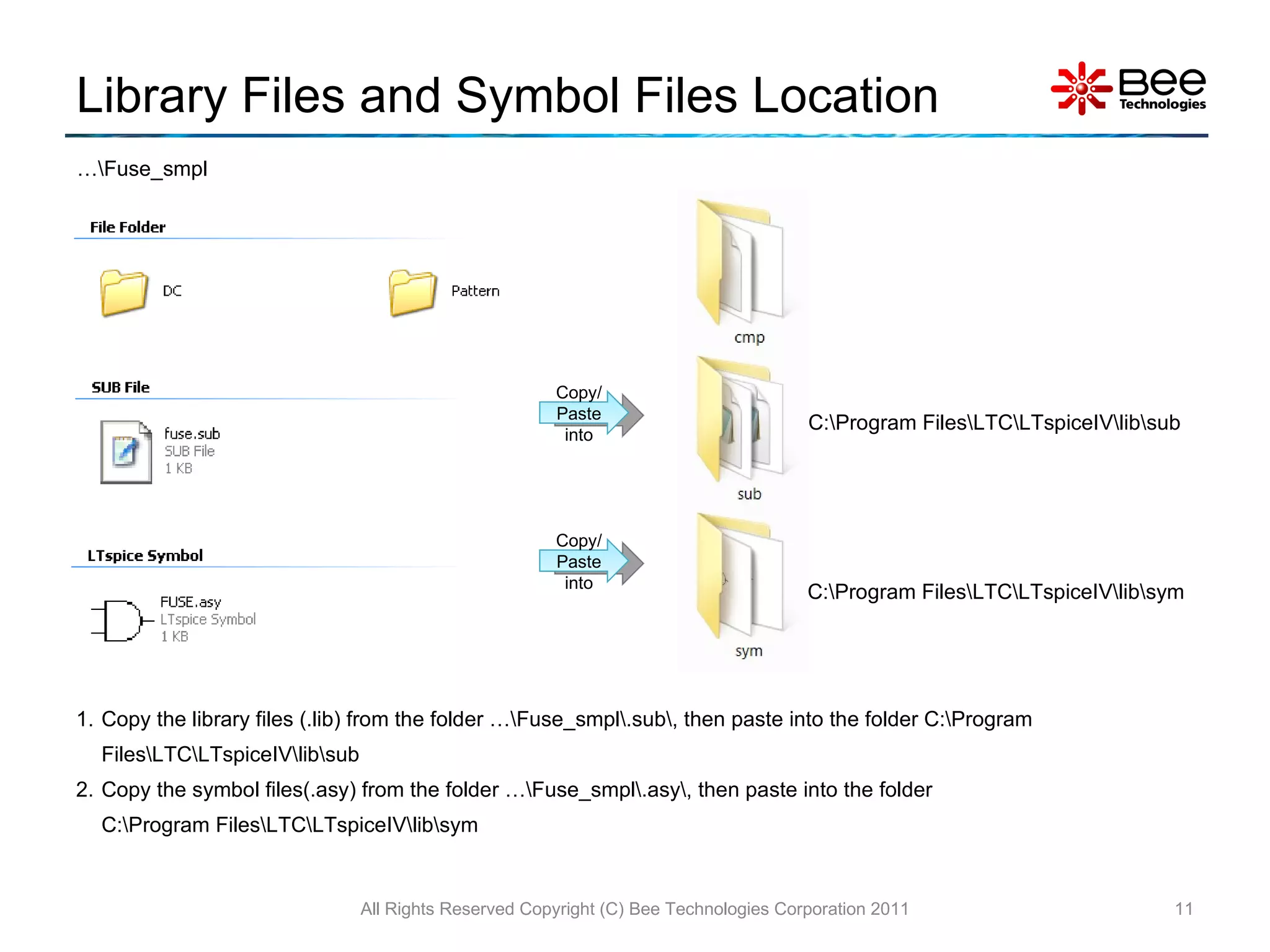Library Files and Symbol Files Location All Rights Reserved Copyright (C) Bee Technologies Corporation 2011 … \Fuse_smpl C:\Program Files\LTC\LTspiceIV\lib\sub C:\Program Files\LTC\LTspiceIV\lib\sym Copy/Paste into Copy/Paste into Copy the library files (.lib) from the folder …\Fuse_smpl\.sub\, then paste into the folder C:\Program Files\LTC\LTspiceIV\lib\sub Copy the symbol files(.asy) from the folder …\Fuse_smpl\.asy\, then paste into the folder C:\Program Files\LTC\LTspiceIV\lib\sym 