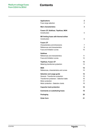 1
AC0479EN
Mediumvoltagefuses
from3.6kVto36kV
Contents
Applications 2
Fuse range selection 2
Main characteristics 3
Fusarc CF, Soléfuse, Tépéfuse, MGK
Construction 5
MV limiting fuses with thermal striker
Construction 6
Fusarc CF
Characteristics and dimensions 7
References and characteristics 8
Fuse and limitation curves 10
Soléfuse
References and characteristics 11
Fuse and limitation curves 12
Tépéfuse, Fusarc CF 13
Metering transformer protection 13
MGK 14
References, characteristics and curves 14
Selection and usage guide 15
General - Transformer protection 15
Transformer protection - Selection table 16
Motor protection 17
Motor protection - Selection charts 18
Capacitor bank protection 19
Comments on substituting fuses 19
Packaging 20
Order form 21
 