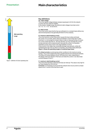 4 AC0479EN
DE55750
Key definitions
Un: rated voltage
This is the highest voltage between phases (expressed in kV) for the network
on which the fuse might be installed.
In the medium voltage range, the preferred rated voltages have been set at:
3.6 - 7.2 - 12 - 17.5 - 24 and 36 kV.
In: rated current
This is the current value that the fuse can withstand on a constant basis without any
abnormal temperature rise (generally 65 Kelvin for the contacts).
I3: minimum rated breaking current
This is the minimum current value which causes the fuse to blow and break
the current. For our fuses, these values are between 3 and 5 times the In value.
Comment: it is not enough for a fuse to blow in order to interrupt the flow of current.
For current values less than I3 , the fuse will blow, but may not break the current.
Arcing continues until an external event interrupts the current. It is therefore
essential to avoid using a fuse in the range between In and I3.
Overcurrents in this range may irreversibly damage fuse elements, whilst still
maintaining the risk of an arc which is not broken, and of them being destroyed.
Figure 1 shows the operating ranges of combined type fuses.
I2: critical currents (currents giving similar conditions to the maximum arcing
energy). This current subjects the fuse to greater thermal and mechanical stresses.
The value of I2 varies between 20 and 100 times the In value, depending on
the design of the fuse element. If the fuse can break this current, it can also break
currents between I3 and I1.
I1: maximum rated breaking current
This is the presumed fault current that the fuse can interrupt. This value is very high for
our fuses ranging from 20 to 63 kA.
Comment: it is necessary to ensure that the network short circuit current is at least
equal to the I1 current of the fuse that is used.
Figure 1: definition of a fuse’s operating zone.
Safe operating
range
Presentation Maincharacteristics
 