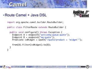 Camel
Route Camel + Java DSL




    10/05/2011   Intégration avec Camel et ServiceMix                                                                    www.parisjug.org                                              34
                    Copyright © 2008 ParisJug. Licence CC – Creative Commons 2.0 France – Paternité – Pas d'Utilisation Commerciale – Partage des Conditions Initiales à l'Identique
 