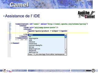 Camel
Assistance de l' IDE




     10/05/2011   Intégration avec Camel et ServiceMix                                                                    www.parisjug.org                                              38
                     Copyright © 2008 ParisJug. Licence CC – Creative Commons 2.0 France – Paternité – Pas d'Utilisation Commerciale – Partage des Conditions Initiales à l'Identique
 