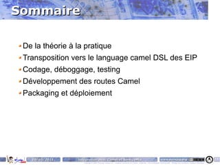 Sommaire

 De la théorie à la pratique
 Transposition vers le language camel DSL des EIP
 Codage, déboggage, testing
 Développement des routes Camel
 Packaging et déploiement




   10/05/2011    Intégration avec Camel et ServiceMix                                                                    www.parisjug.org                                              55
                    Copyright © 2008 ParisJug. Licence CC – Creative Commons 2.0 France – Paternité – Pas d'Utilisation Commerciale – Partage des Conditions Initiales à l'Identique
 