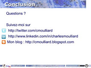 Conclusion
Questions ?


Suivez-moi sur
 http://twitter.com/cmoulliard
 http://www.linkedin.com/in/charlesmoulliard
Mon blog : http://cmoulliard.blogspot.com




    10/05/2011   Intégration avec Camel et ServiceMix                                                                    www.parisjug.org                                              57
                    Copyright © 2008 ParisJug. Licence CC – Creative Commons 2.0 France – Paternité – Pas d'Utilisation Commerciale – Partage des Conditions Initiales à l'Identique
 