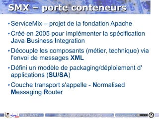 SMX – porte conteneurs
ServiceMix – projet de la fondation Apache
Créé en 2005 pour implémenter la spécification
Java Business Integration
Découple les composants (métier, technique) via
l'envoi de messages XML
Défini un modèle de packaging/déploiement d'
applications (SU/SA)
Couche transport s'appelle - Normalised
Messaging Router


    10/05/2011   Intégration avec Camel et ServiceMix                                                                    www.parisjug.org                                              9
                    Copyright © 2008 ParisJug. Licence CC – Creative Commons 2.0 France – Paternité – Pas d'Utilisation Commerciale – Partage des Conditions Initiales à l'Identique
 