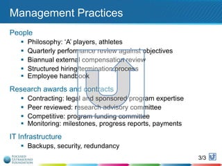 Management Practices
People






Philosophy: „A‟ players, athletes
Quarterly performance review against objectives
Biannual external compensation review
Structured hiring/termination process
Employee handbook

Research awards and contracts





Contracting: legal and sponsored program expertise
Peer reviewed: research advisory committee
Competitive: program funding committee
Monitoring: milestones, progress reports, payments

IT Infrastructure
 Backups, security, redundancy
3/3

124

 