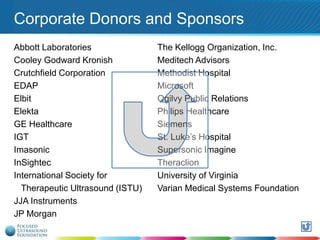Corporate Donors and Sponsors
Abbott Laboratories
Cooley Godward Kronish
Crutchfield Corporation
EDAP
Elbit
Elekta
GE Healthcare
IGT
Imasonic
InSightec
International Society for
Therapeutic Ultrasound (ISTU)
JJA Instruments
JP Morgan

The Kellogg Organization, Inc.
Meditech Advisors
Methodist Hospital
Microsoft
Ogilvy Public Relations
Philips Healthcare
Siemens
St. Luke‟s Hospital
Supersonic Imagine
Theraclion
University of Virginia
Varian Medical Systems Foundation

129

 