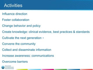 Activities
Influence direction
Foster collaboration
Change behavior and policy

Create knowledge: clinical evidence, best practices & standards
Cultivate the next generation
Convene the community
Collect and disseminate information
Increase awareness: communications
Overcome barriers

 