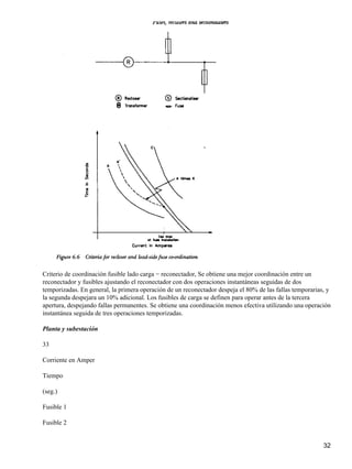 Criterio de coordinación fusible lado carga − reconectador, Se obtiene una mejor coordinación entre un
reconectador y fusibles ajustando el reconectador con dos operaciones instantáneas seguidas de dos
temporizadas. En general, la primera operación de un reconectador despeja el 80% de las fallas temporarias, y
la segunda despejara un 10% adicional. Los fusibles de carga se definen para operar antes de la tercera
apertura, despejando fallas permanentes. Se obtiene una coordinación menos efectiva utilizando una operación
instantánea seguida de tres operaciones temporizadas.
Planta y subestación
33
Corriente en Amper
Tiempo
(seg.)
Fusible 1
Fusible 2
32
 