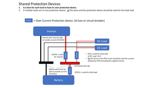 Shared Protection Devices
1. It is best for each load to have its own protection device.
2. If multiple loads are on one protection device, all the wires and the protection device should be sized for the total load
• PD3 is sized for total load
of DC Load 1 & 2
• All the wires on the PD3 circuit should be sized for current
allowed by PD3 (Including the negative wires)
OCPD1 is sized for total load
OCPD2 is sized
for inverter
Distribution Bus Bar
DC Load
DC Load
OCPD3
Battery
OCPD1
Inverter
OCPD2
Battery wire must be
able to handle current
Of OCPD1
Inverter wire must be able
to handle current Of OCPD2
OCPDn = Over Current Protection device. (A fuse or circuit breaker)
 