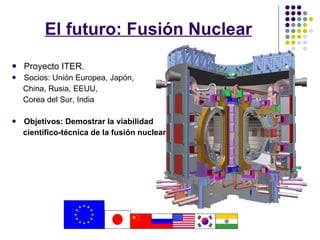 El futuro: Fusión Nuclear Proyecto ITER. Socios: Unión Europea, Japón, China, Rusia, EEUU, Corea del Sur, India Objetivos: Demostrar la viabilidad  científico-técnica de la fusión nuclear 