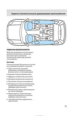 Ñèäåíüÿ è âñïîìîãàòåëüíûå óäåðæèâàþùèå ïðèñïîñîáëåíèÿ
95
ÏÎÄÓØÊÈ ÁÅÇÎÏÀÑÍÎÑÒÈ
Ïîäóøêè áåçîïàñíîñòè â ñî÷åòàíèè ñ
ðåìíÿìè áåçîïàñíîñòè ïîçâîëÿþò
óìåíüøèòü ðèñê ïîëó÷åíèÿ
çíà÷èòåëüíûõ òðàâì ïðè ñèëüíîì
ñòîëêíîâåíèè.
Ñèñòåìà
Ñèñòåìà ïîäóøåê áåçîïàñíîñòè ñîñòîèò
èç ñëåäóþùèõ îñíîâíûõ ýëåìåíòîâ:
• Äâóõñòóïåí÷àòûå íàäóâíûå
íåéëîíîâûå ïîäóøêè (ïîäóøêè
áåçîïàñíîñòè) ñ ãàçîãåíåðàòîðàìè.
• Áîêîâûå ïîäóøêè áåçîïàñíîñòè.
• Áóôåðíûå ïîäóøêè áåçîïàñíîñòè.
• Íàòÿæèòåëè ðåìíåé áåçîïàñíîñòè.
• Ðàçëè÷íûå äàò÷èêè ñòîëêíîâåíèÿ.
• Êîíòðîëüíàÿ ëàìïà äåçàêòèâèçàöèè
ïîäóøêè áåçîïàñíîñòè íà ïàíåëè
ïðèáîðîâ (ïðè íàëè÷èè).
• Êîíòðîëüíàÿ ëàìïà, ðàñïîëîæåííàÿ
íà ïàíåëè ïðèáîðîâ.
• Ïåðåêëþ÷àòåëü äåçàêòèâèçàöèè
ïîäóøêè áåçîïàñíîñòè íà ïàíåëè
ïðèáîðîâ (ïðè íàëè÷èè).
• Ýëåêòðîííûé áëîê óïðàâëåíèÿ è
äèàãíîñòèêè.
http://ava-avto.ru/
 