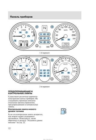 Ïàíåëü ïðèáîðîâ
12
1-é âàðèàíò
2-é âàðèàíò
ÏÐÅÄÓÏÐÅÆÄÀÞÙÈÅ È
ÊÎÍÒÐÎËÜÍÛÅ ËÀÌÏÛ
Ñóùåñòâóþò ðàçëè÷íûå âàðèàíòû
êîíñòðóêöèè ùèòêà ïðèáîðîâ. Íà
ñëåäóþùèõ ñòðàíèöàõ îïèñàíû
îòäåëüíûå îðãàíû óïðàâëåíèÿ,
ïðåäóïðåæäàþùèå è êîíòðîëüíûå
ëàìïû.
Êîíòðîëüíàÿ ëàìïà íèçêîãî
óðîâíÿ òîïëèâà
Åñëè ýòà êîíòðîëüíàÿ ëàìïà çàãîðàåòñÿ,
êàê ìîæíî ñêîðåå äîçàïðàâüòå
àâòîìîáèëü. Ïîæàëóéñòà, òàêæå
îáðàòèòåñü ê ðàçäåëó Óêàçàòåëü óðîâíÿ
òîïëèâà" íà ñòð. 22.
http://ava-avto.ru/
 