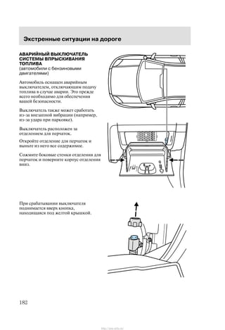 Ýêñòðåííûå ñèòóàöèè íà äîðîãå
182
ÀÂÀÐÈÉÍÛÉ ÂÛÊËÞ×ÀÒÅËÜ
ÑÈÑÒÅÌÛ ÂÏÐÛÑÊÈÂÀÍÈß
ÒÎÏËÈÂÀ
(àâòîìîáèëè ñ áåíçèíîâûìè
äâèãàòåëÿìè)
Àâòîìîáèëü îñíàùåí àâàðèéíûì
âûêëþ÷àòåëåì, îòêëþ÷àþùèì ïîäà÷ó
òîïëèâà â ñëó÷àå àâàðèè. Ýòî ïðåæäå
âñåãî íåîáõîäèìî äëÿ îáåñïå÷åíèÿ
âàøåé áåçîïàñíîñòè.
Âûêëþ÷àòåëü òàêæå ìîæåò ñðàáîòàòü
èç-çà âíåçàïíîé âèáðàöèè (íàïðèìåð,
èç-çà óäàðà ïðè ïàðêîâêå).
Âûêëþ÷àòåëü ðàñïîëîæåí çà
îòäåëåíèåì äëÿ ïåð÷àòîê.
Îòêðîéòå îòäåëåíèå äëÿ ïåð÷àòîê è
âûíüòå èç íåãî âñå ñîäåðæèìîå.
Ñîæìèòå áîêîâûå ñòåíêè îòäåëåíèÿ äëÿ
ïåð÷àòîê è ïîâåðíèòå êîðïóñ îòäåëåíèÿ
âíèç.
Ïðè ñðàáàòûâàíèè âûêëþ÷àòåëÿ
ïîäíèìàåòñÿ ââåðõ êíîïêà,
íàõîäÿùàÿñÿ ïîä æåëòîé êðûøêîé.
http://ava-avto.ru/
 