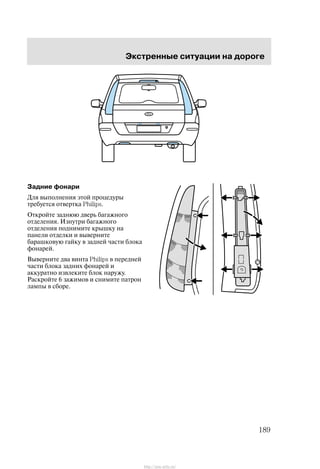 Ýêñòðåííûå ñèòóàöèè íà äîðîãå
189
Çàäíèå ôîíàðè
Äëÿ âûïîëíåíèÿ ýòîé ïðîöåäóðû
òðåáóåòñÿ îòâåðòêà Philips.
Îòêðîéòå çàäíþþ äâåðü áàãàæíîãî
îòäåëåíèÿ. Èçíóòðè áàãàæíîãî
îòäåëåíèÿ ïîäíèìèòå êðûøêó íà
ïàíåëè îòäåëêè è âûâåðíèòå
áàðàøêîâóþ ãàéêó â çàäíåé ÷àñòè áëîêà
ôîíàðåé.
Âûâåðíèòå äâà âèíòà Philips â ïåðåäíåé
÷àñòè áëîêà çàäíèõ ôîíàðåé è
àêêóðàòíî èçâëåêèòå áëîê íàðóæó.
Ðàñêðîéòå 6 çàæèìîâ è ñíèìèòå ïàòðîí
ëàìïû â ñáîðå.
http://ava-avto.ru/
 