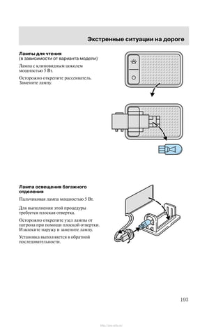 Ýêñòðåííûå ñèòóàöèè íà äîðîãå
193
Ëàìïû äëÿ ÷òåíèÿ
(â çàâèñèìîñòè îò âàðèàíòà ìîäåëè)
Ëàìïà ñ êëèíîâèäíûì öîêîëåì
ìîùíîñòüþ 5 Âò.
Îñòîðîæíî îòêðåïèòå ðàññåèâàòåëü.
Çàìåíèòå ëàìïó.
Ëàìïà îñâåùåíèÿ áàãàæíîãî
îòäåëåíèÿ
Ïàëü÷èêîâàÿ ëàìïà ìîùíîñòüþ 5 Âò.
Äëÿ âûïîëíåíèÿ ýòîé ïðîöåäóðû
òðåáóåòñÿ ïëîñêàÿ îòâåðòêà.
Îñòîðîæíî îòêðåïèòå óçåë ëàìïû îò
ïàòðîíà ïðè ïîìîùè ïëîñêîé îòâåðòêè.
Èçâëåêèòå íàðóæó è çàìåíèòå ëàìïó.
Óñòàíîâêà âûïîëíÿåòñÿ â îáðàòíîé
ïîñëåäîâàòåëüíîñòè.
http://ava-avto.ru/
 