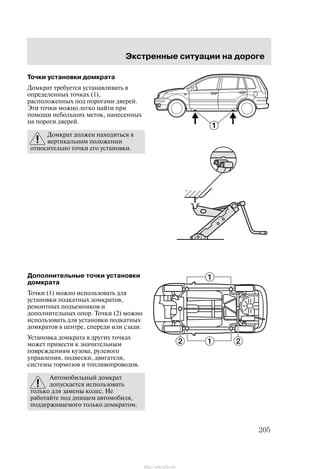 Ýêñòðåííûå ñèòóàöèè íà äîðîãå
205
Òî÷êè óñòàíîâêè äîìêðàòà
Äîìêðàò òðåáóåòñÿ óñòàíàâëèâàòü â
îïðåäåëåííûõ òî÷êàõ (1),
ðàñïîëîæåííûõ ïîä ïîðîãàìè äâåðåé.
Ýòè òî÷êè ìîæíî ëåãêî íàéòè ïðè
ïîìîùè íåáîëüøèõ ìåòîê, íàíåñåííûõ
íà ïîðîãè äâåðåé.
Äîìêðàò äîëæåí íàõîäèòüñÿ â
âåðòèêàëüíîì ïîëîæåíèè
îòíîñèòåëüíî òî÷êè åãî óñòàíîâêè.
Äîïîëíèòåëüíûå òî÷êè óñòàíîâêè
äîìêðàòà
Òî÷êè (1) ìîæíî èñïîëüçîâàòü äëÿ
óñòàíîâêè ïîäêàòíûõ äîìêðàòîâ,
ðåìîíòíûõ ïîäúåìíèêîâ è
äîïîëíèòåëüíûõ îïîð. Òî÷êè (2) ìîæíî
èñïîëüçîâàòü äëÿ óñòàíîâêè ïîäêàòíûõ
äîìêðàòîâ â öåíòðå, ñïåðåäè èëè ñçàäè.
Óñòàíîâêà äîìêðàòà â äðóãèõ òî÷êàõ
ìîæåò ïðèâåñòè ê çíà÷èòåëüíûì
ïîâðåæäåíèÿì êóçîâà, ðóëåâîãî
óïðàâëåíèÿ, ïîäâåñêè, äâèãàòåëÿ,
ñèñòåìû òîðìîçîâ è òîïëèâîïðîâîäîâ.
Àâòîìîáèëüíûé äîìêðàò
äîïóñêàåòñÿ èñïîëüçîâàòü
òîëüêî äëÿ çàìåíû êîëåñ. Íå
ðàáîòàéòå ïîä äíèùåì àâòîìîáèëÿ,
ïîääåðæèâàåìîãî òîëüêî äîìêðàòîì.
http://ava-avto.ru/
 