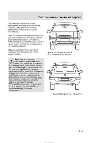 Ýêñòðåííûå ñèòóàöèè íà äîðîãå
215
Ïåðåä èñïîëüçîâàíèåì çàäíåé
áóêñèðîâî÷íîé ïðîóøèíû ñíèìèòå
çàãëóøêó. Ïîñëå èñïîëüçîâàíèÿ
óñòàíîâèòå çàãëóøêó â èñõîäíîå
ïîëîæåíèå.
Ïðè áóêñèðîâêå àâòîìîáèëÿ íà÷èíàéòå
äâèæåíèå ìåäëåííî è ïëàâíî, èçáåãàÿ
ðûâêîâ áóêñèðóþùåãî àâòîìîáèëÿ.
×ðåçìåðíîå íàòÿæåíèå áóêñèðîâî÷íîãî
òðîñà ìîæåò ïðèâåñòè ê ïîâðåæäåíèþ
îáîèõ àâòîìîáèëåé.
Ïðèìå÷àíèå: Âêëþ÷èòå àâàðèéíóþ
ñâåòîâóþ ñèãíàëèçàöèþ íà îáîèõ
àâòîìîáèëÿõ.
Âî âðåìÿ áóêñèðîâêè
àâòîìîáèëÿ êëþ÷ çàæèãàíèÿ
äîëæåí áûòü óñòàíîâëåí â ïîëîæåíèå
II, ÷òîáû ðóëåâîå óïðàâëåíèå, ëàìïû
óêàçàòåëåé ïîâîðîòà è ñòîï-ñèãíàëû
íàõîäèëèñü â ðàáî÷åì ñîñòîÿíèè.
Ïîñêîëüêó êîãäà äâèãàòåëü âûêëþ÷åí
âàêóóìíûé óñèëèòåëü òîðìîçîâ è
óñèëèòåëü ðóëåâîãî óïðàâëåíèÿ íå
ðàáîòàþò, íåîáõîäèìî ïðèêëàäûâàòü
äîïîëíèòåëüíîå óñèëèå ê ïåäàëè
òîðìîçà è ðóëåâîìó êîëåñó.
Ó÷èòûâàéòå óâåëè÷åíèå òîðìîçíîãî
ïóòè è óñèëèÿ, êîòîðîå òðåáóåòñÿ
ïðèêëàäûâàòü ê ðóëåâîìó
óïðàâëåíèþ.
Çàäíÿÿ áóêñèðîâî÷íàÿ ïðîóøèíà
Ìåñòî êðåïëåíèÿ ïåðåäíåé
áóêñèðîâî÷íîé ïðîóøèíû
http://ava-avto.ru/
 