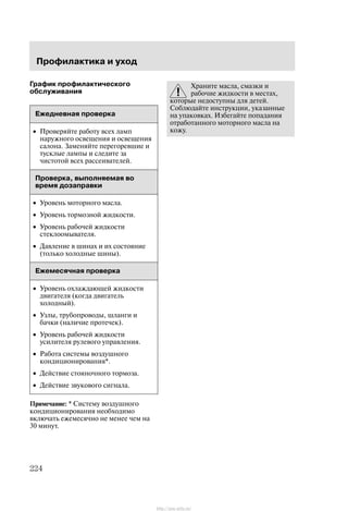 Ïðîôèëàêòèêà è óõîä
224
Ãðàôèê ïðîôèëàêòè÷åñêîãî
îáñëóæèâàíèÿ
Åæåäíåâíàÿ ïðîâåðêà
• Ïðîâåðÿéòå ðàáîòó âñåõ ëàìï
íàðóæíîãî îñâåùåíèÿ è îñâåùåíèÿ
ñàëîíà. Çàìåíÿéòå ïåðåãîðåâøèå è
òóñêëûå ëàìïû è ñëåäèòå çà
÷èñòîòîé âñåõ ðàññåèâàòåëåé.
Ïðîâåðêà, âûïîëíÿåìàÿ âî
âðåìÿ äîçàïðàâêè
• Óðîâåíü ìîòîðíîãî ìàñëà.
• Óðîâåíü òîðìîçíîé æèäêîñòè.
• Óðîâåíü ðàáî÷åé æèäêîñòè
ñòåêëîîìûâàòåëÿ.
• Äàâëåíèå â øèíàõ è èõ ñîñòîÿíèå
(òîëüêî õîëîäíûå øèíû).
Åæåìåñÿ÷íàÿ ïðîâåðêà
• Óðîâåíü îõëàæäàþùåé æèäêîñòè
äâèãàòåëÿ (êîãäà äâèãàòåëü
õîëîäíûé).
• Óçëû, òðóáîïðîâîäû, øëàíãè è
áà÷êè (íàëè÷èå ïðîòå÷åê).
• Óðîâåíü ðàáî÷åé æèäêîñòè
óñèëèòåëÿ ðóëåâîãî óïðàâëåíèÿ.
• Ðàáîòà ñèñòåìû âîçäóøíîãî
êîíäèöèîíèðîâàíèÿ*.
• Äåéñòâèå ñòîÿíî÷íîãî òîðìîçà.
• Äåéñòâèå çâóêîâîãî ñèãíàëà.
Ïðèìå÷àíèå: * Ñèñòåìó âîçäóøíîãî
êîíäèöèîíèðîâàíèÿ íåîáõîäèìî
âêëþ÷àòü åæåìåñÿ÷íî íå ìåíåå ÷åì íà
30 ìèíóò.
Õðàíèòå ìàñëà, ñìàçêè è
ðàáî÷èå æèäêîñòè â ìåñòàõ,
êîòîðûå íåäîñòóïíû äëÿ äåòåé.
Ñîáëþäàéòå èíñòðóêöèè, óêàçàííûå
íà óïàêîâêàõ. Èçáåãàéòå ïîïàäàíèÿ
îòðàáîòàííîãî ìîòîðíîãî ìàñëà íà
êîæó.
http://ava-avto.ru/
 