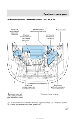 Ïðîôèëàêòèêà è óõîä
227
Ìîòîðíîå îòäåëåíèå Ć äâèãàòåëü Duratec 16V 1.4 ë/1.6 ë
ÀêêóìóëÿòîðÁà÷îê äëÿ
îõëàæäàþùåé
æèäêîñòè
äâèãàòåëÿ
Êîðîáêà ïëàâêèõ
ïðåäîõðàíèòåëåé/ðåëå
Êðûøêà
ìàñëîçàëèâíîé
ãîðëîâèíû
äâèãàòåëÿ
Áà÷îê äëÿ
òîðìîçíîé
æèäêîñòè
Ùóï äëÿ
èçìåðåíèÿ óðîâíÿ
ìîòîðíîãî ìàñëà
Áà÷îê äëÿ
ðàáî÷åé æèäêîñòè
ñòåêëîîìûâàòåëÿ
Áà÷îê äëÿ ðàáî÷åé
æèäêîñòè óñèëèòåëÿ
ðóëåâîãî óïðàâëåíèÿ
Ôèëüòð î÷èñòêè âîçäóõà
Äëÿ îáëåã÷åíèÿ ïîèñêà êðûøêè çàëèâíûõ ãîðëîâèí è ùóï äëÿ èçìåðåíèÿ óðîâíÿ
ìîòîðíîãî ìàñëà èìåþò öâåòîâóþ ìàðêèðîâêó.
http://ava-avto.ru/
 