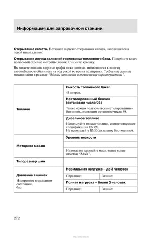Èíôîðìàöèÿ äëÿ çàïðàâî÷íîé ñòàíöèè
272
Îòêðûâàíèå êàïîòà. Ïîòÿíèòå çà ðû÷àã îòêðûâàíèÿ êàïîòà, íàõîäÿùèéñÿ â
ëåâîé íèøå äëÿ íîã.
Îòêðûâàíèå ëþ÷êà çàëèâíîé ãîðëîâèíû òîïëèâíîãî áàêà. Ïîâåðíèòå êëþ÷
ïî ÷àñîâîé ñòðåëêå è îòðîéòå ëþ÷îê. Ñíèìèòå êðûøêó.
Âû ìîæåòå âïèñàòü â ïóñòûå ãðàôû íèæå äàííûå, îòíîñÿùèåñÿ ê âàøåìó
àâòîìîáèëþ, ÷òîáû èìåòü èõ ïîä ðóêîé âî âðåìÿ äîçàïðàâêè. Òðåáóåìûå äàííûå
ìîæíî íàéòè â ðàçäåëå Îáúåìû çàïîëíåíèÿ è òåõíè÷åñêèå õàðàêòåðèñòèêè".
Åìêîñòü òîïëèâíîãî áàêà:
45 ëèòðîâ.
Òîïëèâî
Íåýòèëèðîâàííûé áåíçèí
(îêòàíîâîå ÷èñëî 95)
Òàêæå ìîæíî ïîëüçîâàòüñÿ íåýòèëèðîâàííûì
áåíçèíîì, èìåþùèì îêòàíîâîå ÷èñëî 98.
Äèçåëüíîå òîïëèâî
Èñïîëüçóéòå òîëüêî òîïëèâî, ñîîòâåòñòâóþùåå
ñïåöèôèêàöèè EN590.
Íå èñïîëüçóéòå RME (äèçåëüíîå áèîòîïëèâî).
Óðîâåíü âÿçêîñòè
Ìîòîðíîå ìàñëîÌîòîðíîå ìàñëî
Íèêîãäà íå çàëèâàéòå ìàñëî âûøå âûøå
îòìåòêè ÌÀÕ".
Òèïîðàçìåð øèí
Íîðìàëüíàÿ íàãðóçêà Ć äî 3 ÷åëîâåê
Äàâëåíèå â øèíàõ
È
Ïåðåäíèå: Çàäíèå:
Èçìåðåííîå â õîëîäíîì
ñîñòîÿíèè, Ïîëíàÿ íàãðóçêà Ć áîëåå 3 ÷åëîâåêñîñòîÿíèè,
áàð. Ïåðåäíèå: Çàäíèå:
http://ava-avto.ru/
 
