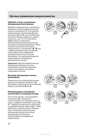 Îðãàíû óïðàâëåíèÿ ìèêðîêëèìàòîì
36
Ëîáîâîå ñòåêëî: óñòðàíåíèå
îáëåäåíåíèÿ/çàïîòåâàíèÿ
Âûáåðèòå ìàêñèìàëüíóþ òåìïåðàòóðó,
ïåðåâåäèòå ðåãóëÿòîð ðàñïðåäåëåíèÿ
âîçäóõà â ïîëîæåíèå è óñòàíîâèòå
ïåðåêëþ÷àòåëü âåíòèëÿòîðà îáäóâà â
ïîëîæåíèå 3 èëè 4. Åñëè íåîáõîäèìî,
âêëþ÷èòå îáîãðåâ ëîáîâîãî è çàäíåãî
ñòåêëà (ñì. ñòð. 53 è 54). Äëÿ áîëåå
ýôôåêòèâíîãî óñòðàíåíèÿ
îáëåäåíåíèÿ/çàïîòåâàíèÿ âêëþ÷èòå
âîçäóøíîå êîíäèöèîíèðîâàíèå. Ïîñëå
óäàëåíèÿ ëüäà/âëàãè óñòàíîâèòå
ïåðåêëþ÷àòåëü â ïîëîæåíèå , èëè
â ëþáîå ïðîìåæóòî÷íîå ïîëîæåíèå,
÷òîáû îáåñïå÷èòü êîìôîðòíîå
ðàñïðåäåëåíèå âîçäóõà â ñàëîíå
àâòîìîáèëÿ. Ïî ìåðå íåîáõîäèìîñòè
îòðåãóëèðóéòå òåìïåðàòóðó è
ðàñïðåäåëåíèå âîçäóõà.
Ïðèìå÷àíèå: Ïðè ðåãóëÿðíîé î÷èñòêå
âíóòðåííåé ïîâåðõíîñòè ñòåêîë
ïîäõîäÿùèì ÷èñòÿùèì ñðåäñòâîì
ñòåêëà, êàê ïðàâèëî, ìåäëåííåå
ïîêðûâàþòñÿ âëàãîé.
Áûñòðîå ïðîãðåâàíèå ñàëîíà
àâòîìîáèëÿ
Ïåðåâåäèòå ðåãóëÿòîð ðàñïðåäåëåíèÿ
âîçäóõà â ïîëîæåíèå, áëèçêîå ê .
Óñòàíîâèòå ïåðåêëþ÷àòåëü âåíòèëÿòîðà
îáäóâà â ïîëîæåíèå 3 èëè 4.
Ðåêîìåíäóåìîå ïîëîæåíèå
ðåãóëÿòîðîâ â õîëîäíóþ ïîãîäó
Åñëè ïîòîê âîçäóõà, ïîñòóïàþùèé â
ïîëîæåíèè , îêàçûâàåòñÿ
íåäîñòàòî÷íûì äëÿ óäàëåíèÿ âëàãè ñî
ñòåêîë, âûáåðèòå ïîëîæåíèå ìåæäó è
. Çàêðîéòå öåíòðàëüíûå äåôëåêòîðû
è îòêðîéòå áîêîâûå äåôëåêòîðû, ÷òîáû
îáåñïå÷èòü óäàëåíèå âëàãè ñ áîêîâûõ
îêîí. Óñòàíîâèòå ïåðåêëþ÷àòåëü
âåíòèëÿòîðà îáäóâà è ðåãóëÿòîð
òåìïåðàòóðû â ïîëîæåíèå,
îáåñïå÷èâàþùåå êîìôîðòíûé
ìèêðîêëèìàò.
http://ava-avto.ru/
 