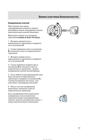 Çàìêè (ñèñòåìà áåçîïàñíîñòè)
77
Êîäèðîâàíèå êëþ÷åé
Ïðè ïîìîùè äâóõ ðàíåå
çàêîäèðîâàííûõ êëþ÷åé îò âàøåãî
àâòîìîáèëÿ ìîæíî çàêîäèðîâàòü âîñåìü
äîïîëíèòåëüíûõ êëþ÷åé ìàêñèìóì.
Âûïîëíèòå êàæäîå èç ñëåäóþùèõ
äåéñòâèé â òå÷åíèå íå áîëåå 10 ñåêóíä.
1. Âñòàâüòå ïåðâûé êëþ÷ â
ïåðåêëþ÷àòåëü çàæèãàíèÿ è ïîâåðíèòå
åãî â ïîëîæåíèå II.
2. Ñíîâà ïîâåðíèòå êëþ÷ â ïîëîæåíèå
0 è èçâëåêèòå êëþ÷ èç ïåðåêëþ÷àòåëÿ
çàæèãàíèÿ.
3. Âñòàâüòå âòîðîé êëþ÷ â
ïåðåêëþ÷àòåëü çàæèãàíèÿ è ïîâåðíèòå
åãî â ïîëîæåíèå II.
4. Ñíîâà ïîâåðíèòå âòîðîé êëþ÷ â
ïîëîæåíèå 0 è èçâëåêèòå êëþ÷ èç
ïåðåêëþ÷àòåëÿ çàæèãàíèÿ ć ðåæèì
êîäèðîâàíèÿ êëþ÷åé àêòèâèçèðîâàí.
5. Åñëè ëþáîé íåçàêîäèðîâàííûé êëþ÷
áóäåò âñòàâëåí â ïåðåêëþ÷àòåëü
çàæèãàíèÿ è ïîâåðíóò â ïîëîæåíèå II â
òå÷åíèå áëèæàéøèõ 20 ñåêóíä, ýòîò
êëþ÷ áóäåò çàêîäèðîâàí ñèñòåìîé.
6. Ïîñëå òîãî êàê êîäèðîâàíèå
âûïîëíåíî, èçâëåêèòå êëþ÷ èç
ïåðåêëþ÷àòåëÿ çàæèãàíèÿ.
Åñëè êîäèðîâàíèå áûëî âûïîëíåíî
íåïðàâèëüíî, ïîñëå âêëþ÷åíèÿ
çàæèãàíèÿ íîâûì çàêîäèðîâàííûì
êëþ÷îì çàìèãàåò êîíòðîëüíàÿ ëàìïà, à
çàïóñê äâèãàòåëÿ áóäåò íåâîçìîæåí.
http://ava-avto.ru/
 