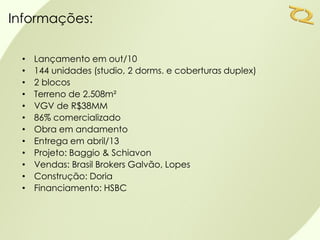 Informações:

 •   Lançamento em out/10
 •   144 unidades (studio, 2 dorms. e coberturas duplex)
 •   2 blocos
 •   Terreno de 2.508m²
 •   VGV de R$38MM
 •   86% comercializado
 •   Obra em andamento
 •   Entrega em abril/13
 •   Projeto: Baggio & Schiavon
 •   Vendas: Brasil Brokers Galvão, Lopes
 •   Construção: Doria
 •   Financiamento: HSBC
 