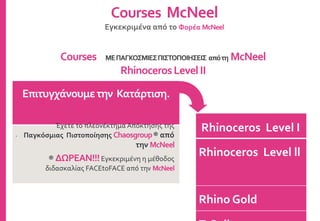 Rhinoceros Level I
Rhinoceros Level ll
Rhino Gold
Courses McNeel
Εγκεκριμένα από το Φορέα McNeel
Επιτυγχάνουμετην Κατάρτιση.
.
Έχετε το πλεονέκτημα Απόκτησης της
Παγκόσμιας Πιστοποίησης Chaosgroup® από
την McNeel
® ΔΩΡΕΑΝ!!!Εγκεκριμένη η μέθοδος
διδασκαλίας FACEtoFACE από την McNeel
Courses ΜΕΠΑΓΚΟΣΜΙΕΣΠΙΣΤΟΠΟΙΗΣΕΙΣ απότη McNeel
RhinocerosLevelII
 