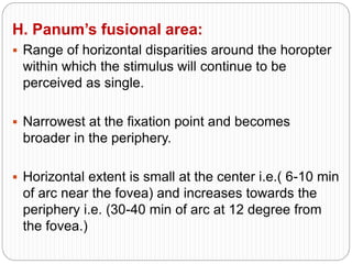 H. Panum’s fusional area:
 Range of horizontal disparities around the horopter
within which the stimulus will continue to be
perceived as single.
 Narrowest at the fixation point and becomes
broader in the periphery.
 Horizontal extent is small at the center i.e.( 6-10 min
of arc near the fovea) and increases towards the
periphery i.e. (30-40 min of arc at 12 degree from
the fovea.)
 
