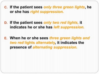 C. If the patient sees only three green lights, he
or she has right suppression.
D. If the patient sees only two red lights, it
indicates he or she has left suppression.
E. When he or she sees three green lights and
two red lights alternately, it indicates the
presence of alternating suppression.
 