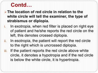 Contd…
The location of red circle in relation to the
white circle will tell the examiner, the type of
strabismus or diplopia.
i. In exotropia, when red filter is placed on right eye
of patient and he/she reports the red circle on the
left, this denotes crossed diplopia.
ii. In esotropia, the patient will report the red circle
to the right which is uncrossed diplopia.
iii. If the patient reports the red circle above white
circle, it denotes a hypotropia and if the red circle
is below the white circle, it is hypertropia.
 
