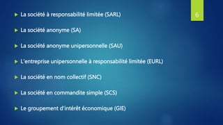  La société à responsabilité limitée (SARL)
 La société anonyme (SA)
 La société anonyme unipersonnelle (SAU)
 L'entreprise unipersonnelle à responsabilité limitée (EURL)
 La société en nom collectif (SNC)
 La société en commandite simple (SCS)
 Le groupement d'intérêt économique (GIE)
6
 