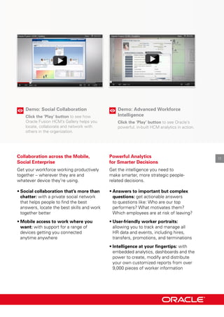 Demo: Social Collaboration
Click the ‘Play’ button to see how
oracle Fusion HcM’s Gallery helps you
locate, collaborate and network with
others in the organization.
Collaboration across the Mobile,
Social Enterprise
Get your workforce working productively
together – wherever they are and
whatever device they’re using.
•	Social collaboration that’s more than
chatter: with a private social network
that helps people to find the best
answers, locate the best skills and work
together better
•	Mobile access to work where you
want: with support for a range of
devices getting you connected
anytime anywhere
Demo: Advanced Workforce
Intelligence
Click the ‘Play’ button to see oracle’s
powerful, in-built HcM analytics in action.
Powerful Analytics
for Smarter Decisions
Get the intelligence you need to
make smarter, more strategic people-
related decisions.
•	Answers to important but complex
questions: get actionable answers
to questions like: who are our top
performers? what motivates them?
which employees are at risk of leaving?
•	User-friendly worker portraits:
allowing you to track and manage all
Hr data and events, including hires,
transfers, promotions, and terminations
•	Intelligence at your fingertips: with
embedded analytics, dashboards and the
power to create, modify and distribute
your own customized reports from over
9,000 pieces of worker information
11
 