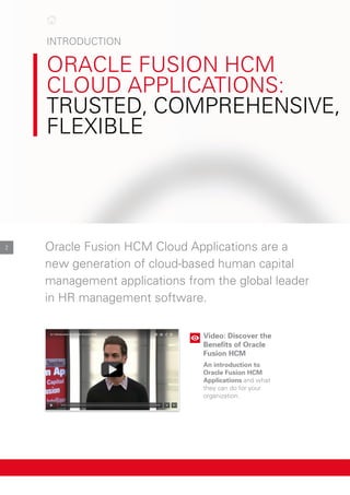  
IntroductIon

orAcle FuSIon HcM
cloud ApplIcAtIonS:
truSted, coMpreHenSIve,
FlexIble
2 oracle Fusion HcM cloud Applications are a
new generation of cloud-based human capital
management applications from the global leader
in Hr management software.
Video: Discover the
Benefits of Oracle
Fusion HCM
An introduction to
Oracle Fusion HCM
Applications and what
they can do for your
organization.
 