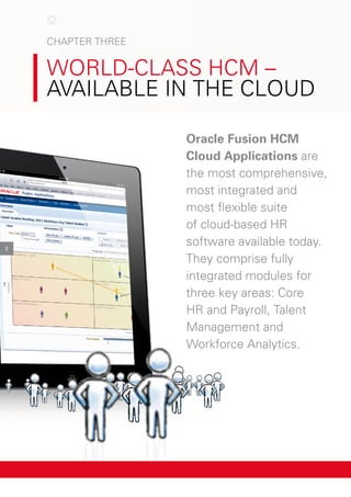 8
cHApter tHree
world-clASS HcM –
AvAIlAble In tHe cloud
Oracle Fusion HCM
Cloud Applications are
the most comprehensive,
most integrated and
most flexible suite
of cloud-based Hr
software available today.
they comprise fully
integrated modules for
three key areas: core
Hr and payroll, talent
Management and
workforce Analytics.
 