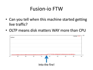 Fusion-io FTW<br />Can you tell when this machine started getting live traffic?<br />OLTP means disk matters WAY more than...