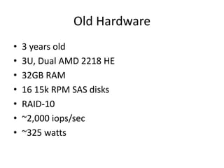 Old Hardware<br />3 years old<br />3U, Dual AMD 2218 HE<br />32GB RAM<br />16 15k RPM SAS disks<br />RAID-10<br />~2,000 i...