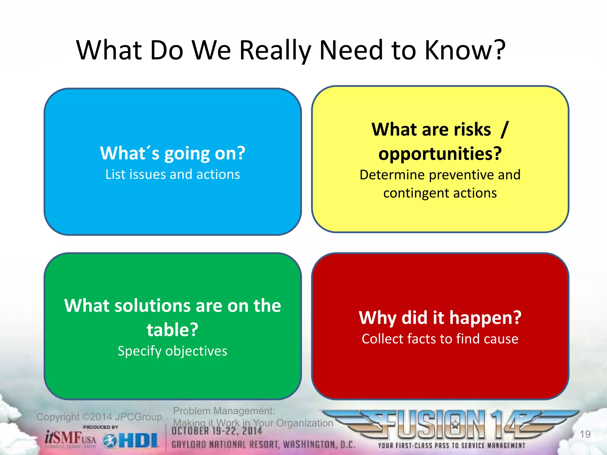 Copyright ©2014 JPCGroup Problem Management: 
Making it Work in Your Organization 
What Do We Really Need to Know? 
What solutions are on the 
table? 
Specify objectives 
What´s going on? 
List issues and actions 
What are risks / opportunities? 
Determine preventive and contingent actions 
Why did it happen? 
Collect facts to find cause 
19 
 