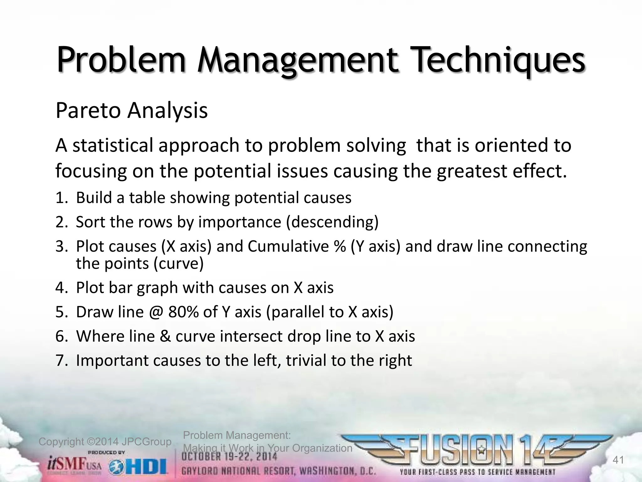 Copyright ©2014 JPCGroup Problem Management: 
Making it Work in Your Organization 
Problem Management Techniques 
Pareto Analysis 
A statistical approach to problem solving that is oriented to 
focusing on the potential issues causing the greatest effect. 
1. Build a table showing potential causes 
2. Sort the rows by importance (descending) 
3. Plot causes (X axis) and Cumulative % (Y axis) and draw line connecting 
the points (curve) 
4. Plot bar graph with causes on X axis 
5. Draw line @ 80% of Y axis (parallel to X axis) 
6. Where line & curve intersect drop line to X axis 
7. Important causes to the left, trivial to the right 
41 
 