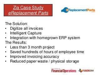 The Solution:
• Digitize all invoices
• Intelligent Capture
• Integration with homegrown ERP system
The Results:
• Less than 3 month project
• Saved hundreds of hours of employee time
• Improved invoicing accuracy
• Reduced paper waste / physical storage
Zia Case Study
eReplacement Parts
 