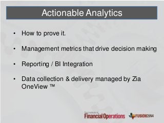 Actionable Analytics
• How to prove it.
• Management metrics that drive decision making
• Reporting / BI Integration
• Data collection & delivery managed by Zia
OneView ™
 