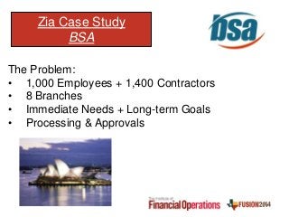 Zia Case Study
BSA
The Problem:
• 1,000 Employees + 1,400 Contractors
• 8 Branches
• Immediate Needs + Long-term Goals
• Processing & Approvals
 