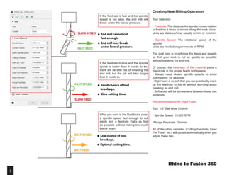 7
Creating New Milling Operation
Tool Selection
- Feedrate: The distance the spindle moves relative
to the time it takes to moves along the work piece.
Units are distance/time, usually in/min. or mm/min.
- Spindle Speed: The rotational speed of the
spindle.
Units are revolutions per minute of RPM
The goal here is to optimize the feeds and speeds
so that your work is cut as quickly as possible
without breaking the end mill.
Of course, the hardness of the material plays a
major role in the proper feeds and speeds.
- Metals need slower spindle speeds to avoid
overheating, for example.
- Rigid foam is so soft that you can practically crank
up the feedrate to full tilt without worrying about
breaking an end mill.
- Soft wood will be somewhere between these two
extremes.
Recommendations for Rigid Foam
Tool: 1/8” Ball Nose Endmill
- Spindle Speed: 10,000 RPM
-Plunge Feedrate: 15in/min
All of the other variables (Cutting Feedrate, Feed
Per Tooth, etc.) will update automatically when you
adjust these two.
Rhino to Fusion 360
If the feedrate is fast and the spindle
speed is too slow, the end mill will
break under the lateral pressure.
If the feedrate is slow and the spindle
speed is faster than it needs to be,
there will be little risk of breaking the
end mill, but the job will take longer
than it needs to.
What you want is the Goldilocks zone:
a spindle speed fast enough to cut
easily and a feedrate that’s as fast
as possible without risking too much
lateral strain.
 